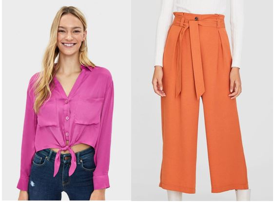 Camisa fucsia y pantalón naranja