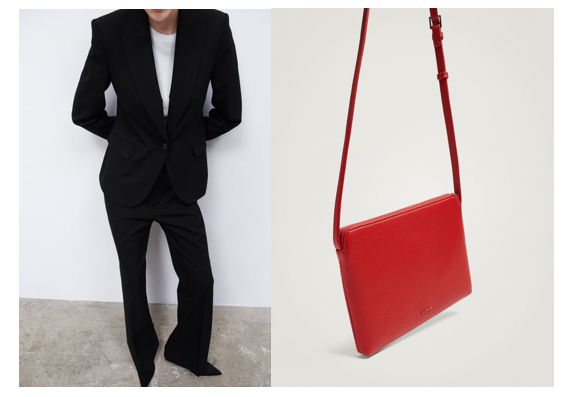 Traje negro con bolso rojo